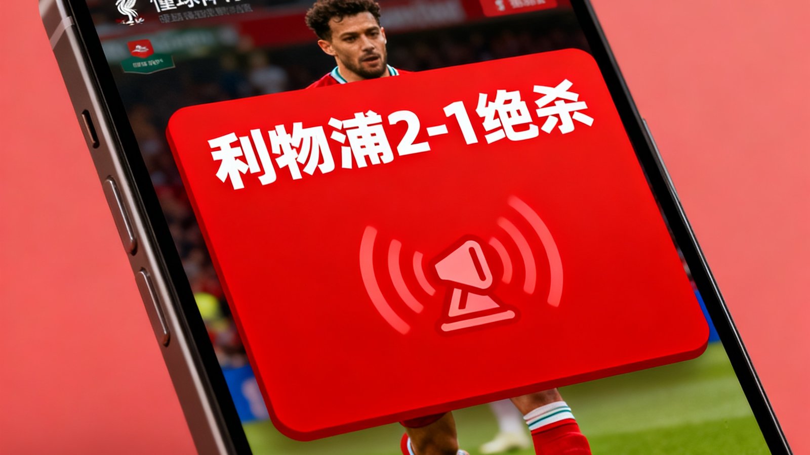 懂球体育移动端显示利物浦2-1绝杀，屏幕中央弹出红色进球弹窗并伴有震动图标